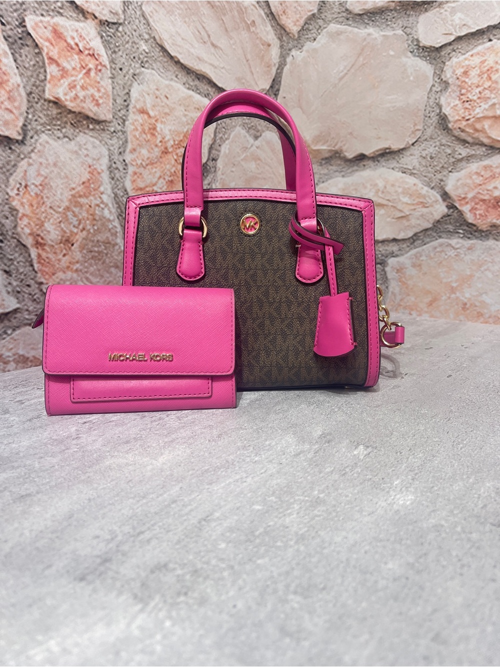 Michael Kors Pink/Brown Logo Chantal XS Crossbody & Matching Wallet Cerise